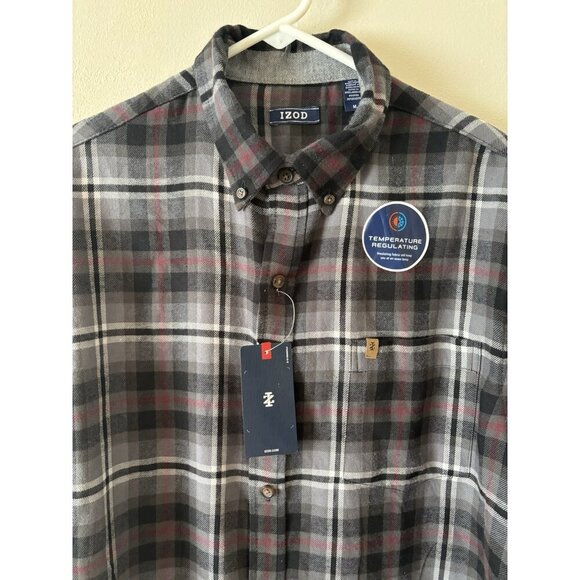 NWT Izod Mens Size Medium Gray Plaid Flannel Shirt Temp Regulating - Picture 2 of 5